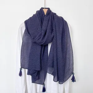 Dark blue pleated scarf for women autumn winter elegant retro tassel warm shawl wrap scarf.