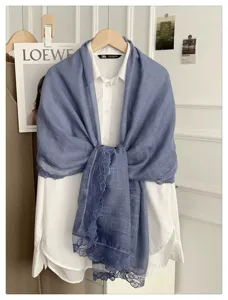 Effen blauwe kant sjaal vrouwen herfst lente katoen linnen gevoel elegante omslagdoek