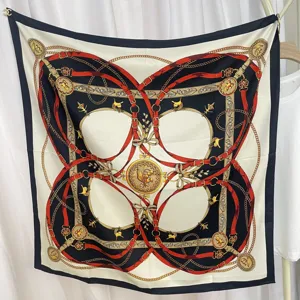 Luxury style square silk scarf for women 90x90cm vintage chain belt printed elegant foulard