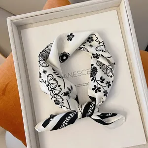 Women Fashion Square Scarf Polyester Paisley Printed Neckerchief Classic Black White Design Daily Sun Protection