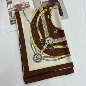 Luxury women silk square scarf elegant harness chain print fashion neckerchief 90x90cm