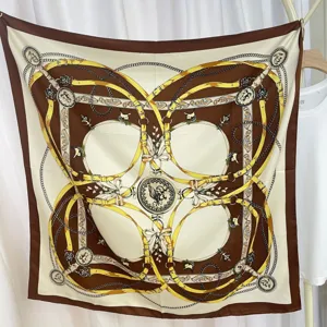 Women Vintage Chain Belt Print Square Scarf Elegant Satin Silk Feel Sun Protection Shawl Fashion Hair Scarf Neckerchief