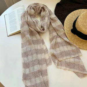 Detail view of a cozy plaid scarf in neutral tones, displayed neatly with chic lifestyle props.