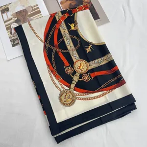 Elegant 90x90cm square silk scarf featuring classic belt and chain print for women.