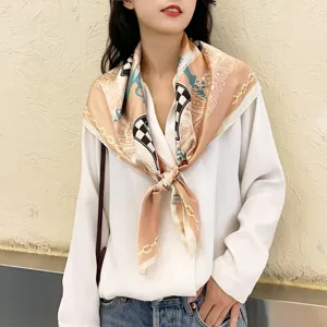 Women Fashion Polyester Satin Square Scarf Vintage Skull Chain Print Chic Neck Scarf Head Scarf Shawl Daily Wear