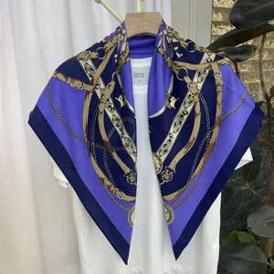Silk feel square scarf with luxury chain belt print elegant purple fashion neckerchief 90cm
