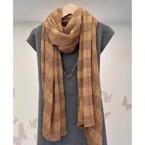 Women autumn winter plaid scarf, versatile artistic cotton linen shawl, vintage fashion style.