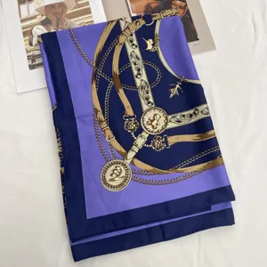 Luxury silk square scarf with elegant belt and chain print, stylish women's neckerchief.