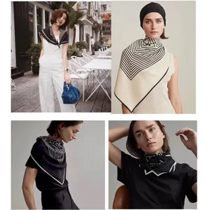 Detailansicht zum Styling des schwarz-weißen geometrischen Seiden-Vierecktuchs für Damen.