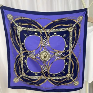 Elegant purple square silk scarf with classic belt and chain print, premium fashion accessory.