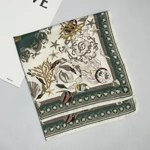 Pañuelo cuadrado de seda con estampado marino elegante para mujer, bufanda de verano ligera.