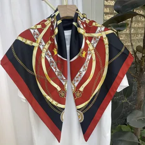 Luxury silk square scarf with elegant red and black chain print, versatile summer shawl.