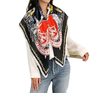 Vintage racing skull print square scarf fashion silk feel womens 90cm shawl accessory