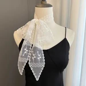 White lace ribbon scarf, elegant floral hollow choker and long tie for women fashion.