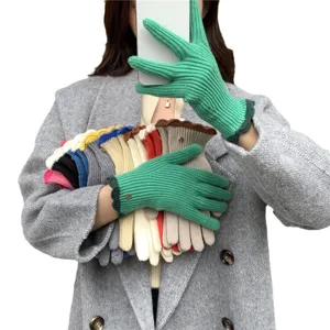Guantes de punto cálidos para mujer, guantes táctiles multicolores con bonitos volantes de encaje.