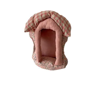 Korean fabric house doll storage pouch, quilted plaid hanging plush ornament for hair accessories.