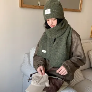 Koreaanse stijl winter warme groene gebreide sjaal en muts set zacht gezellig detailfoto