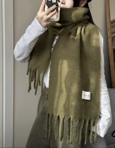 Koreaanse dikke warme wol winter sjaal met franjes, zachte comfortabele olijfgroene halswarmer.