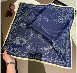 Elegantes blaues Seidentuch mit architektonischem Linienkunst-Design und kontrastierendem Rand.