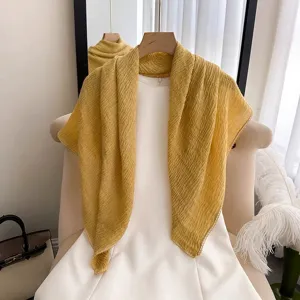 Women Solid Color Pleated Square Scarf Lightweight Breathable Sun Protection Shawl Fashion Head Scarf