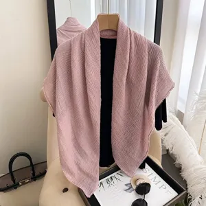 Pink crinkled linen square scarf, versatile solid color thin shawl for women summer.