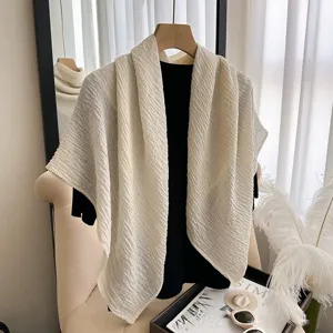 Solid color thin sun protection shawl scarf cape, elegant crinkled design for summer women.