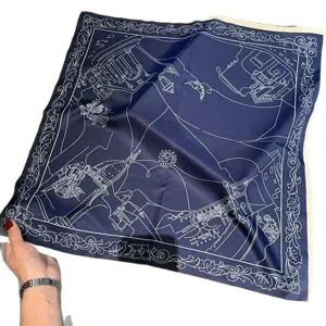 Dunkelblaue 53cm Seidentuch quadratisch mit feinen architektonischen Linien für Damen.