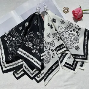 Fashionable 53cm black and white paisley print square silk scarf for women styling.
