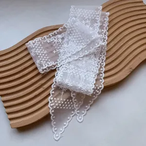 White lace hairband scarf elegant floral embroidered long ribbon for women spring summer