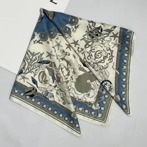Chic pañuelo cuadrado de seda con estampado de océano para mujeres, elegante pañuelo decorativo.