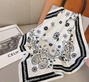 Exquisite 53cm black and white paisley print silk scarf, elegant neckerchief detail view.