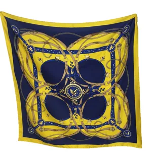 Luxury blue yellow silk scarf 90x90cm vintage belt chain print elegant women square hijab shawl
