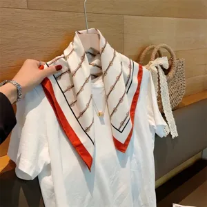 Silk square scarf with chic chain stripe design and red border for women spring fashion