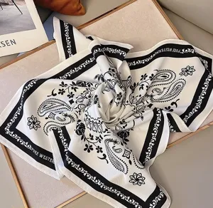 Classic black and white paisley print silk square scarf, 53cm versatile fashion accessory.