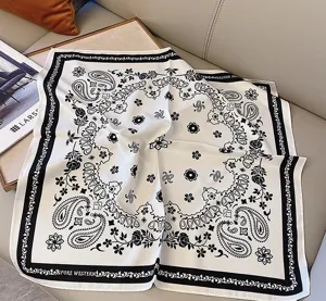 Chic black and white paisley print square scarf, 53cm fashion neck scarf for women daily.