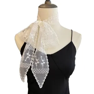 French white lace ribbon scarf elegant floral embroidered neck tie versatile women accessory