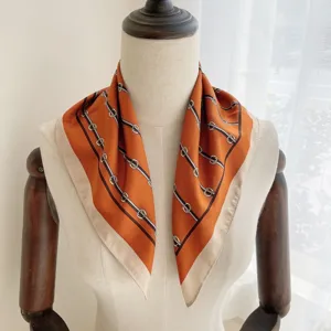 Orange silk feel small square scarf 53cm horsebit stripe neck scarf for women detail