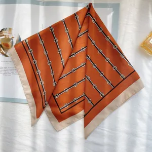 Silk feel small square scarf elegant orange horsebit stripe neckerchief for women spring