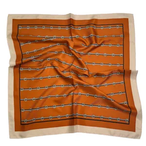 Orange silk scarf 53cm square scarf with horsebit stripe pattern elegant women fashion neckerchief