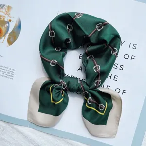 Green silk scarf with horsebit print, elegant square scarf for women spring autumn daily wear.