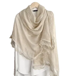 Beige kant geborduurde sjaal elegante katoen linnen omslagdoek vintage lente vrouwen mode