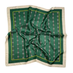 Green silk-feel square scarf featuring horsebit stripe pattern and elegant beige border.