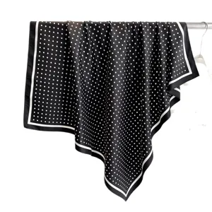 Clásico pañuelo cuadrado de seda con lunares blancos y negros 90cm, elegante bufanda y chal para mujer.