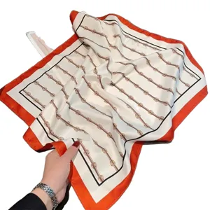 2025 new spring summer thin 53cm imitation silk square scarf versatile orange striped design