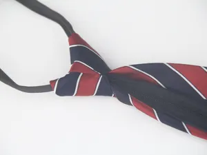 Cravatta a righe con cerniera classica per uniforme scolastica, vista dettagliata.