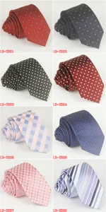 Men's narrow polyester business suit tie detail showcasing various patterns and colors.