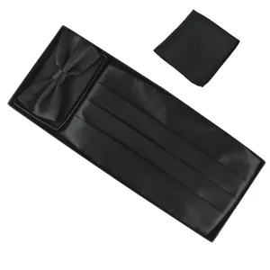 Men solid color formal suit accessory set with bow tie cummerbund and pocket square.