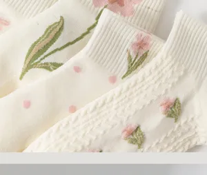 Close-up detail of white sweet lolita short socks featuring cute pink tulip embroidery.