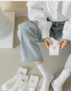 Women white mid-calf socks cute little bear flower embroidery cotton breathable Japanese style