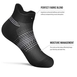Black athletic ankle sock with breathable mesh instep and reflective stripes for running.